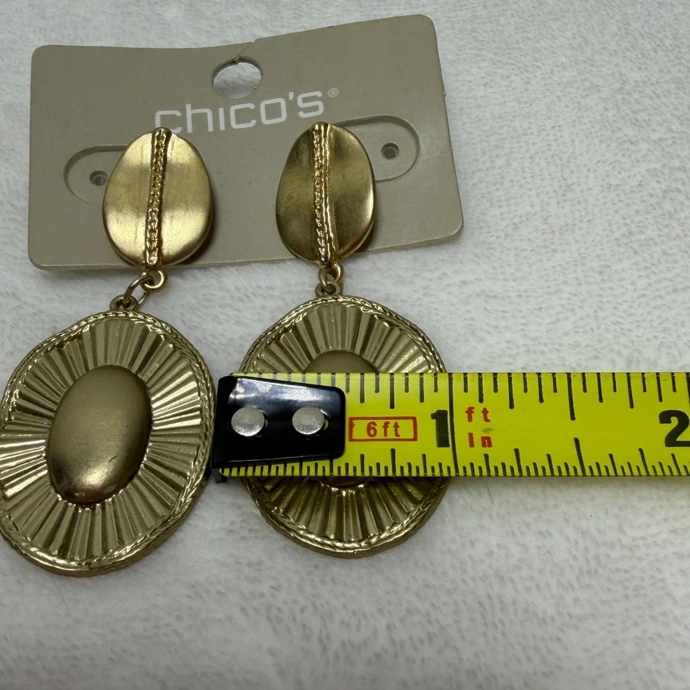 Chico's Matte Gold Tone Oval Sunburst Drop Dangle Statement Earrings Mature NWT‎